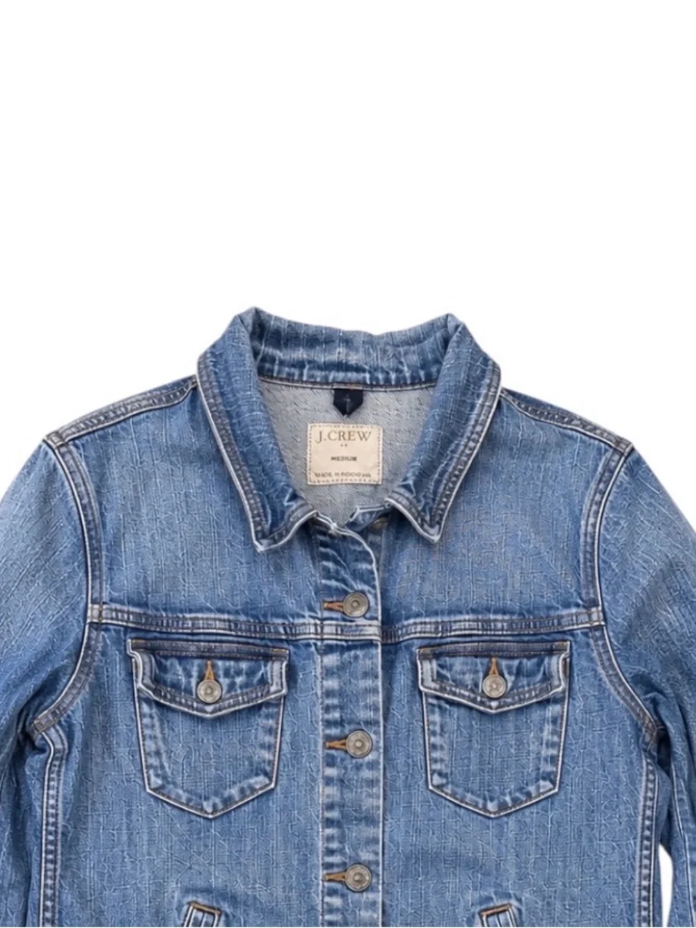 J.Crew Medium Classic Blue Denim Trucker Jacket Stretch Jean Jacket Button Front